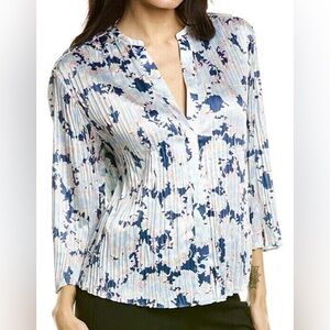BEAUTIFUL Vince Pleated Lotus Floral Print Blouse Blues Pink Yellow SZ M NWT